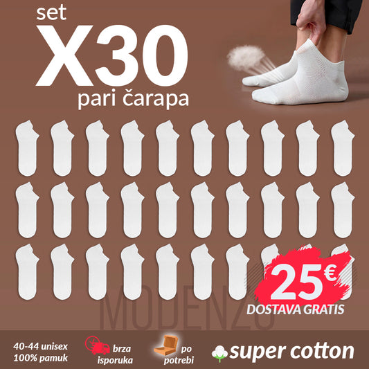 SET 30 pari kratke unisex pamučne čarape 40-44 (CX2) bijela boja