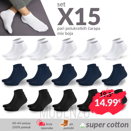 SET 15 pari muške polukratke čarape 40-44 mix boja