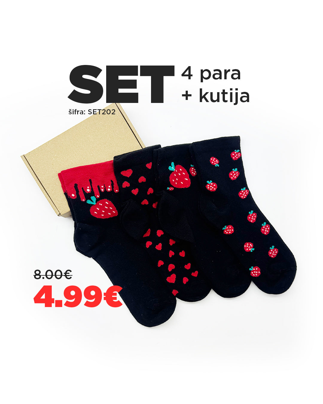 🍓 SET Čarapica sa Jagodama – 4 Para + Poklon Kutija